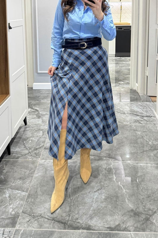 Slit Navy Blue Plaid Belted Skirt