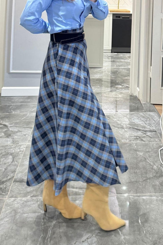 Slit Navy Blue Plaid Belted Skirt