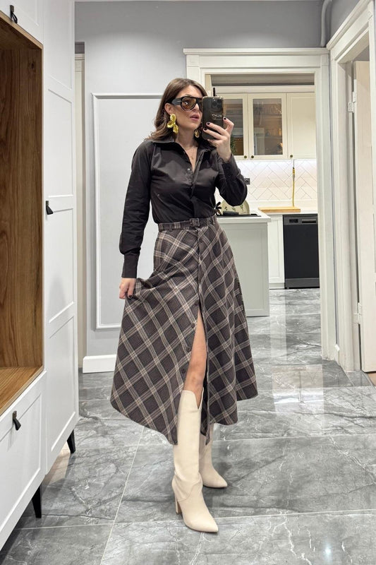 BELTED PLAID SKIRT