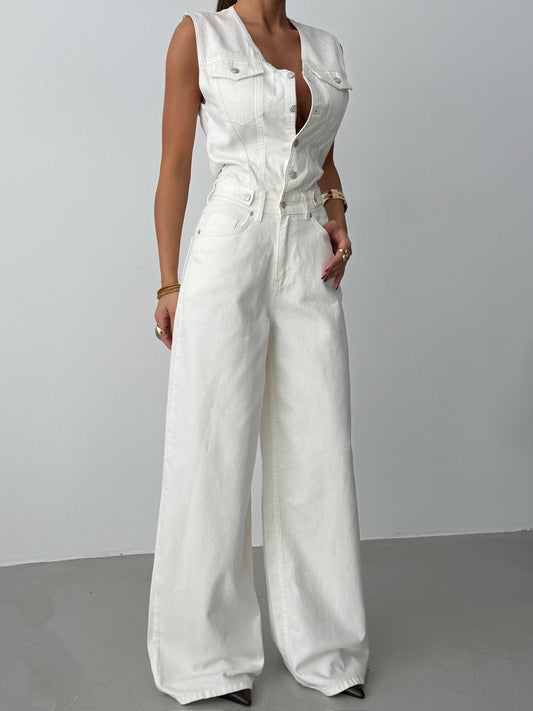 Chic Sleeveless Denim Wide-Leg Jumpsuit
