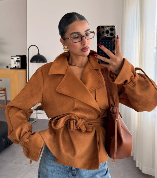 Cinnamon Suede with Double-Breasted Belt Detail Jacket