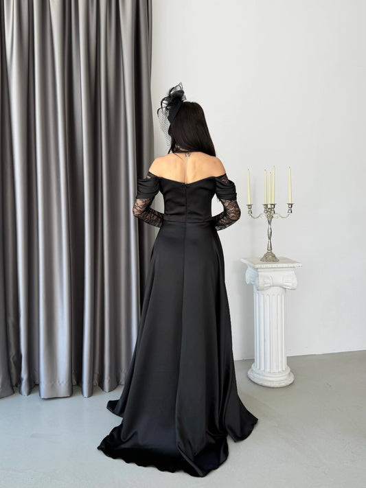 Royal Black Evening with Lace Details Dress