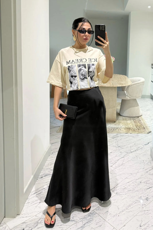 Elegant Satin Bias Black Skirt
