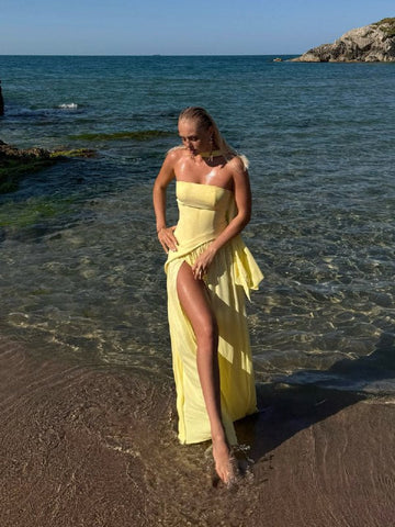 Yellow Trendy Scarf Strapless Dress