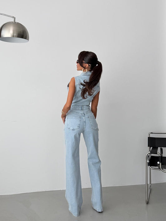 Sleeveless Light Wash Denim Jumpsuit