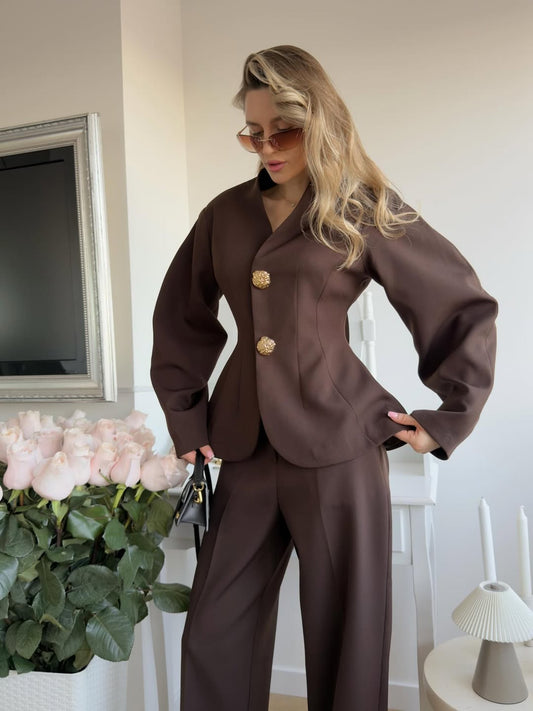 Brown Balloon Sleeve Gold Buttoned Suit