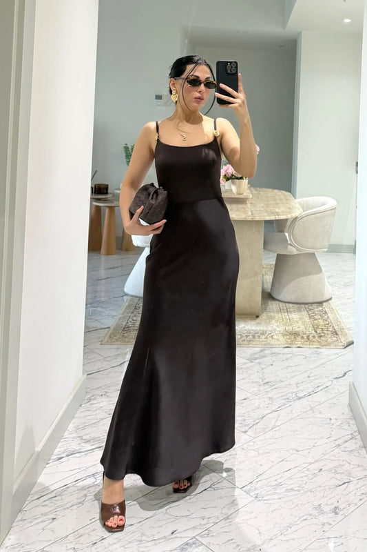 Elegant Satin Bias Brown Skirt