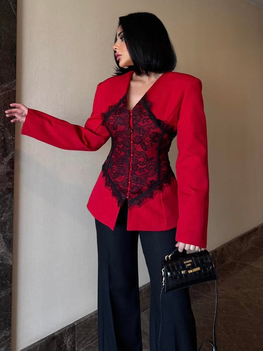 Lace Detail and V-Neck Design Blazer