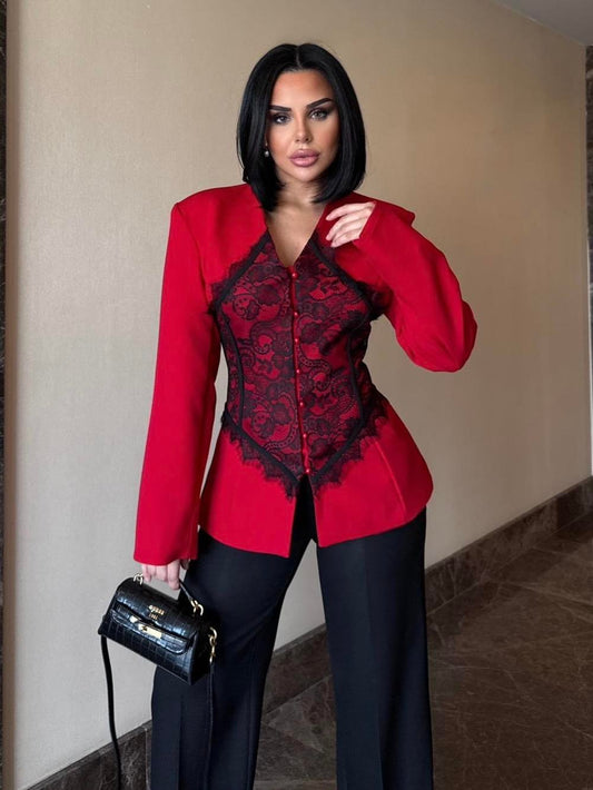 Lace Detail and V-Neck Design Blazer