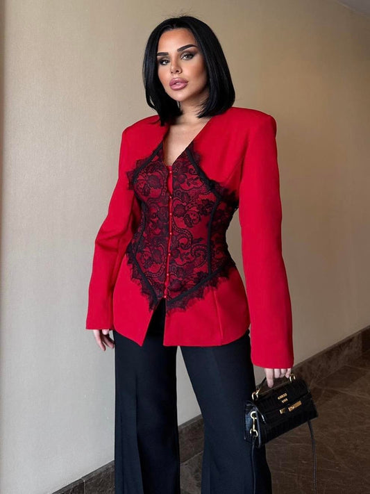 Lace Detail and V-Neck Design Blazer