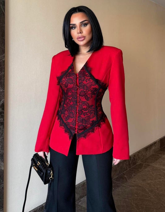 Lace Detail and V-Neck Design Blazer