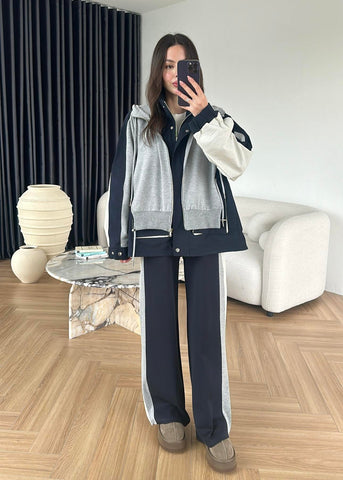 Navy Blue and Gray Hooded Garnished Suit