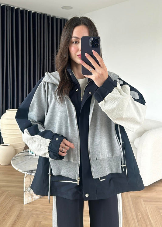 Navy Blue and Gray Hooded Garnished Suit