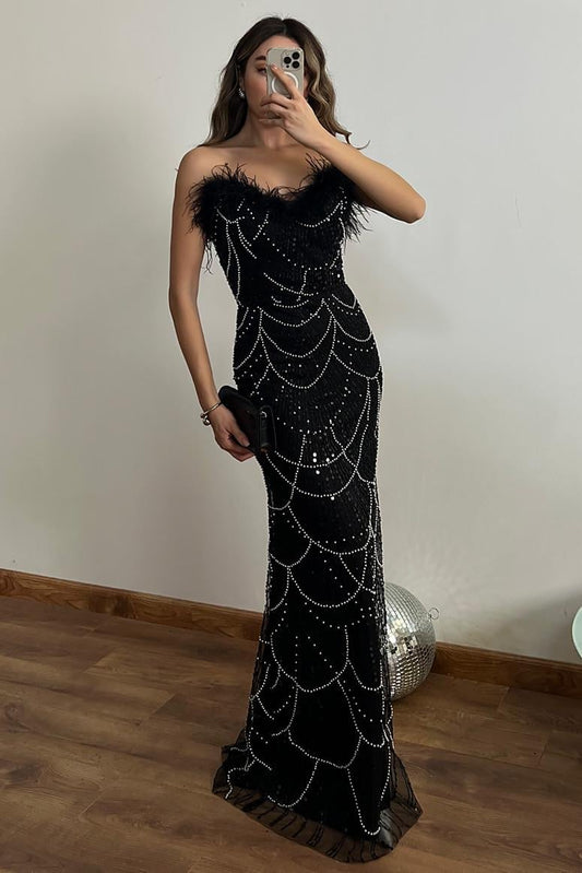 Nisan Black Stone Embellished Feather Evening Dress