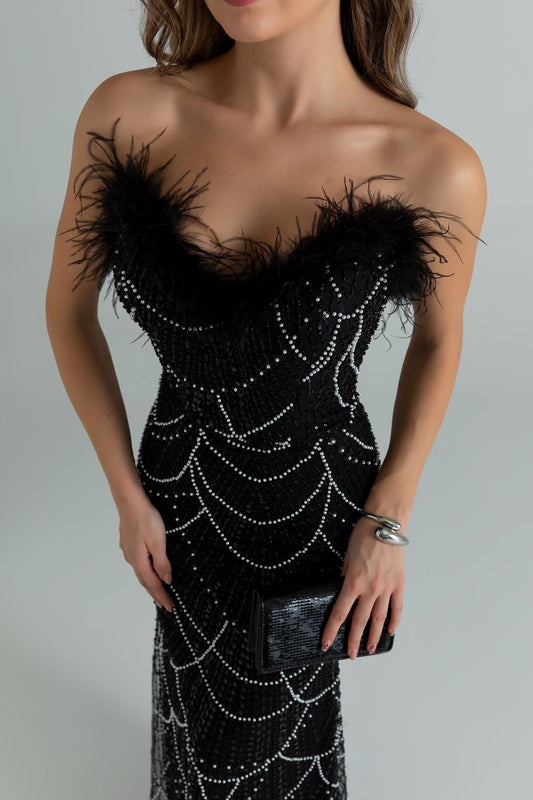 Nisan Black Stone Embellished Feather Evening Dress