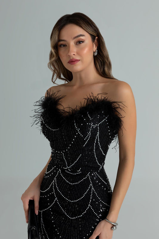 Nisan Black Stone Embellished Feather Evening Dress