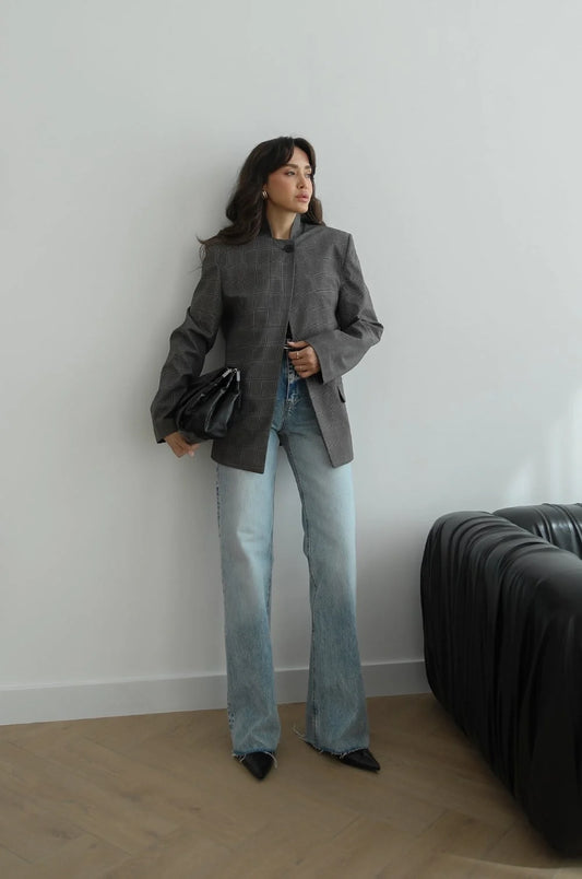 Light Grey Plaid Mandarin Collar Blazer