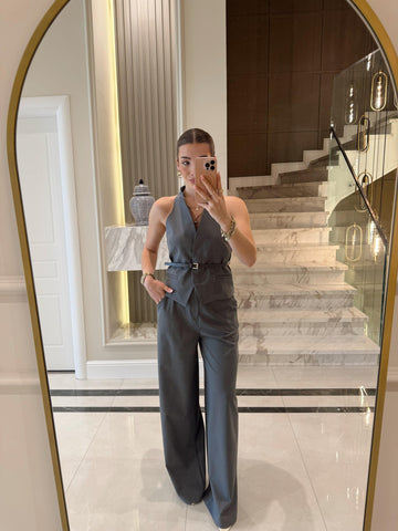 Grey Vertical Striped Vest Trouser Set