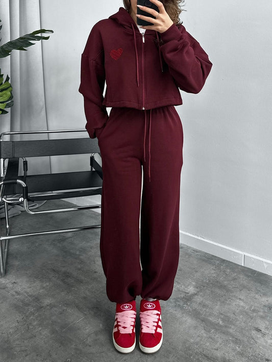 Claret Red Heart Embroidered Tracksuit