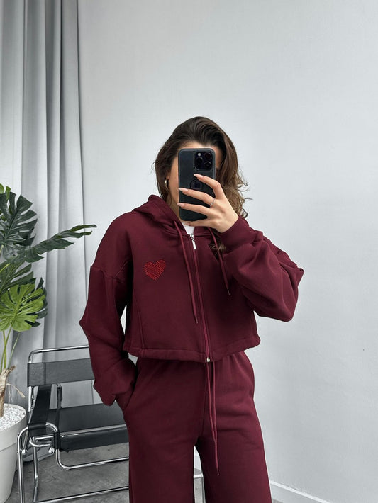 Claret Red Heart Embroidered Tracksuit