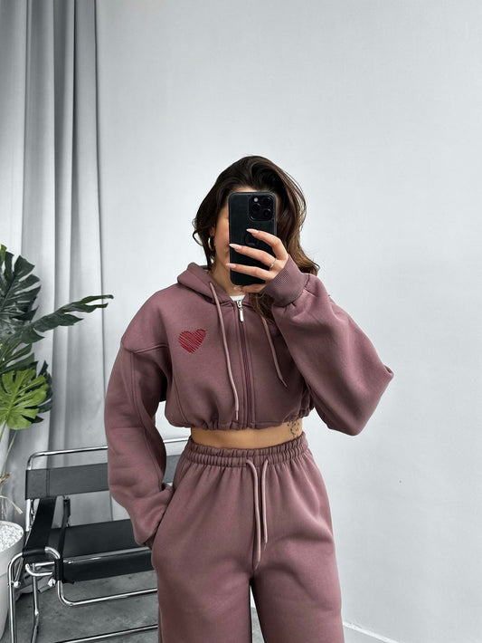 Sweet Coffee Heart Embroidered Tracksuit