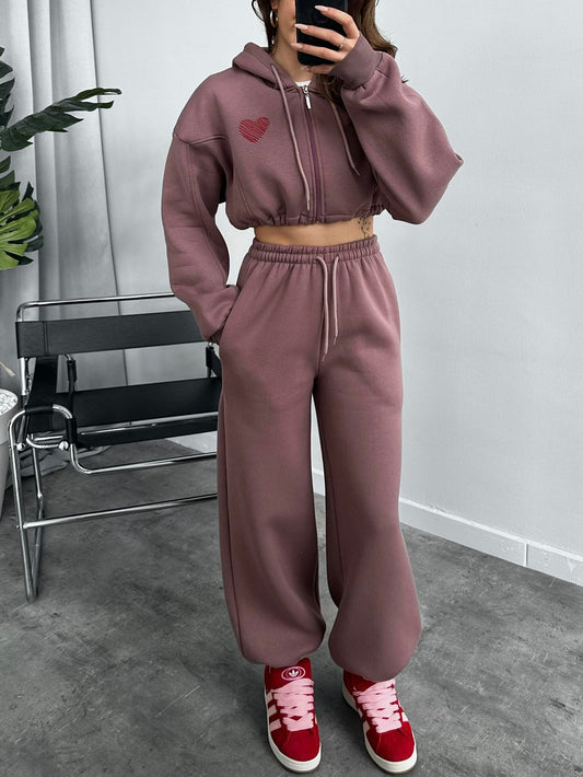 Sweet Coffee Heart Embroidered Tracksuit