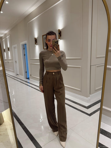 Khaki Gold Buttoned Pleated Palazzo Trousers