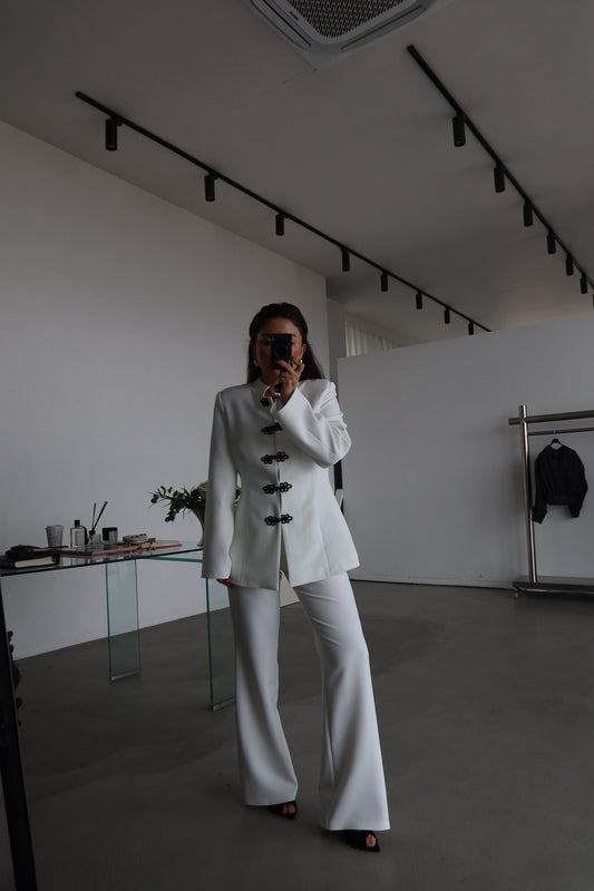 White Mandarin Collar Two-Piece Set