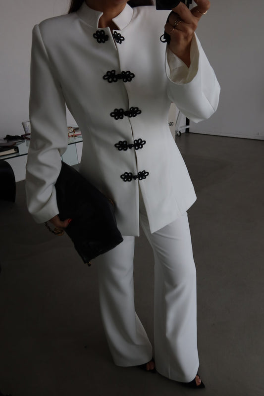 White Mandarin Collar Two-Piece Set