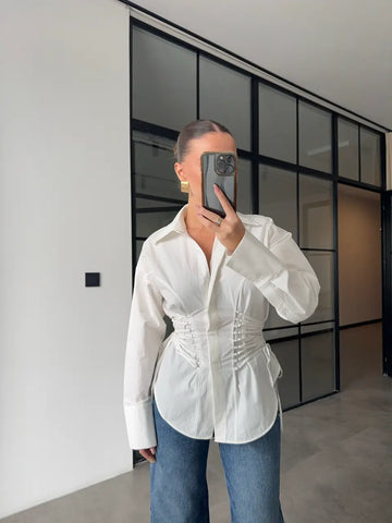 WHITE DESIGN WITH EYELET AND ROPE TIE SHIRT