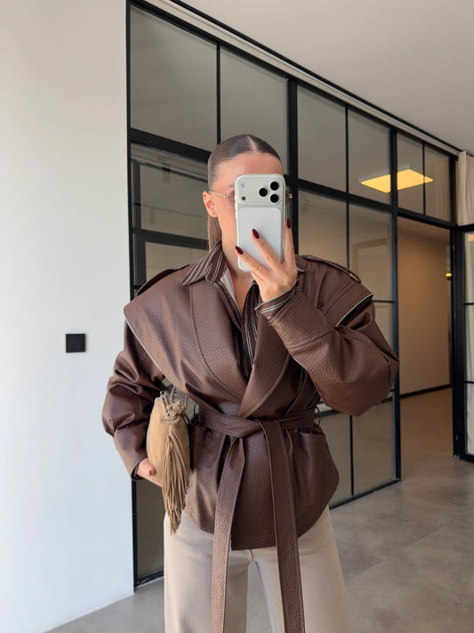 BELTED BROWN LEATHER WITH ZIPPER DETAIL JACKET
