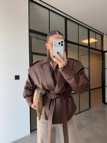 BELTED BROWN LEATHER WITH ZIPPER DETAIL JACKET