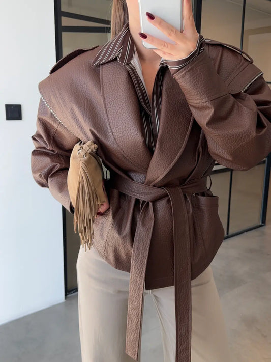 BELTED BROWN LEATHER WITH ZIPPER DETAIL JACKET