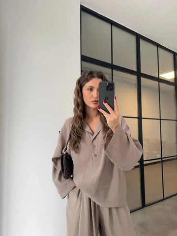 PREMIUM TENS FABRIC MINK POLO COLLAR SHIRT PALAZZO SUIT