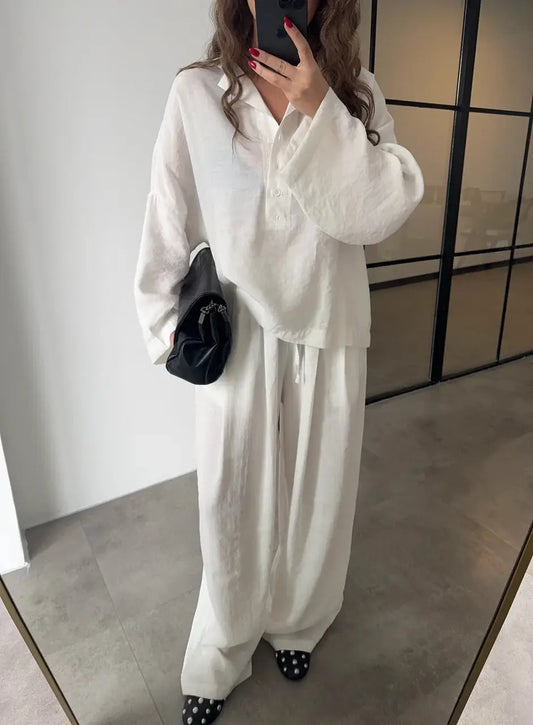 PREMIUM TENS FABRIC MINK POLO COLLAR SHIRT PALAZZO SUIT ARVERNA