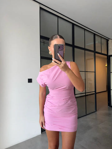 DRAPED ONE-SHOULDER DROP DRESS