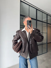 BITTER BROWN OVERSIZED PREMIUM LEATHER JACKET