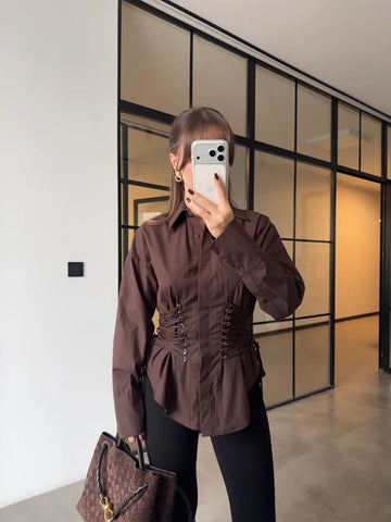 BROWN DESIGN WITH EYELET AND ROPE TIE SHIRT