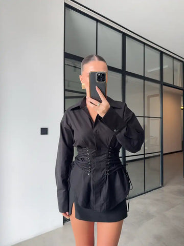 BLACK DESIGN WITH EYELET AND ROPE TIE SHIRT