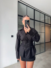 BLACK DESIGN WITH EYELET AND ROPE TIE SHIRT