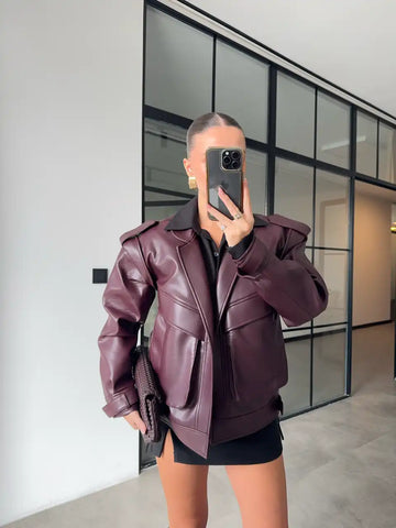 MAROON OVERSIZED PREMIUM LEATHER WITH LARGE POCKETS JACKET