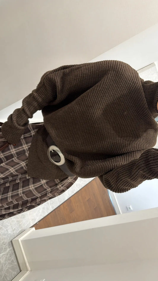 Dark Brown Turtleneck with V-Cut Hem Sweater