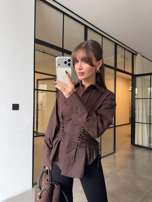 BROWN DESIGN WITH EYELET AND ROPE TIE SHIRT