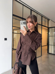 BROWN DESIGN WITH EYELET AND ROPE TIE SHIRT