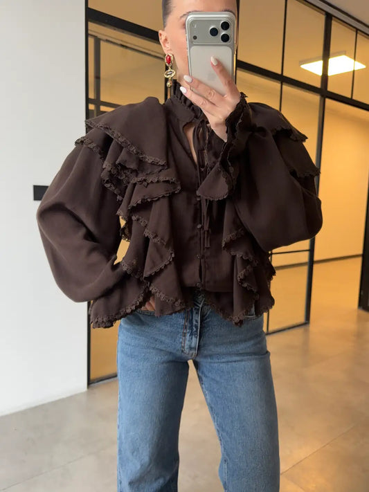 RUFFLED LACE EMBROIDERED BLOUSE