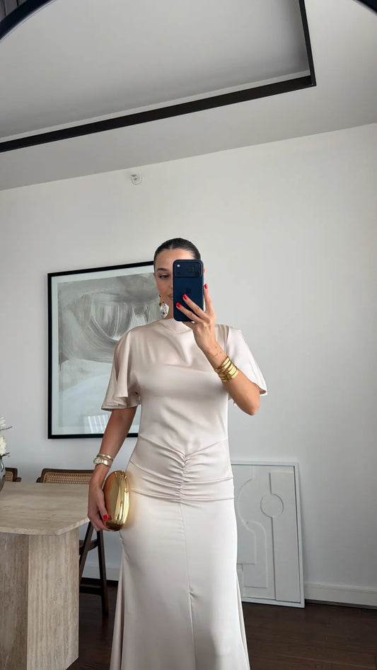 DRAPED LONG SATIN DRESS