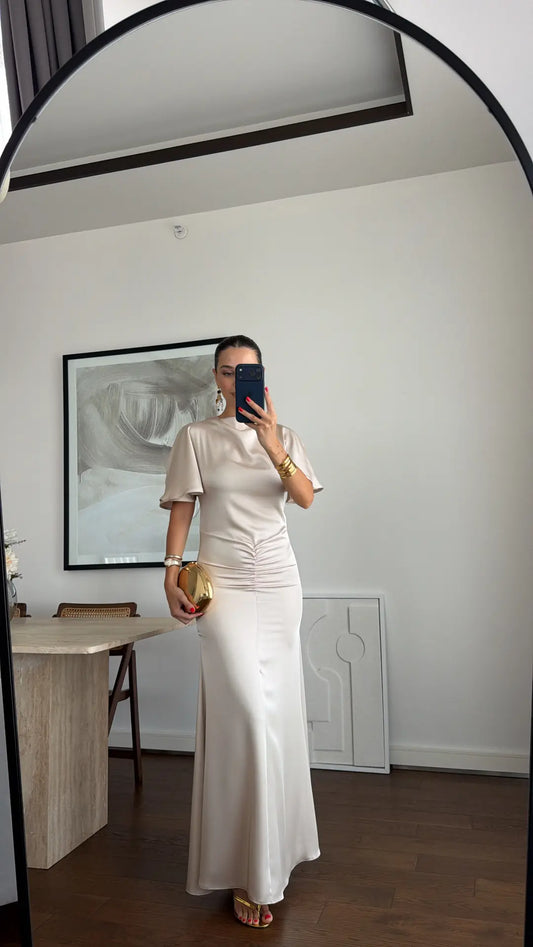DRAPED LONG SATIN DRESS