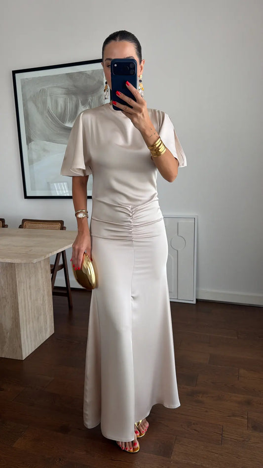 DRAPED LONG SATIN DRESS