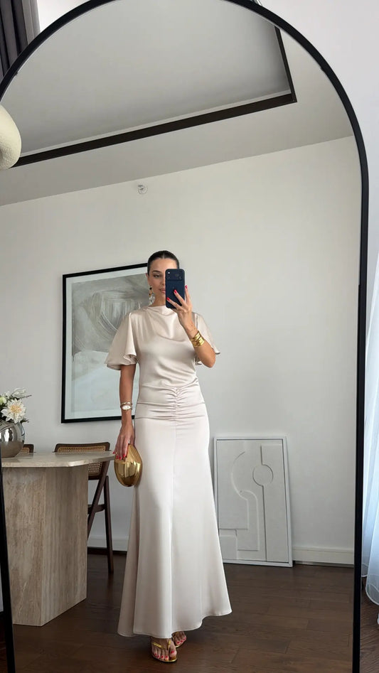 DRAPED LONG SATIN DRESS