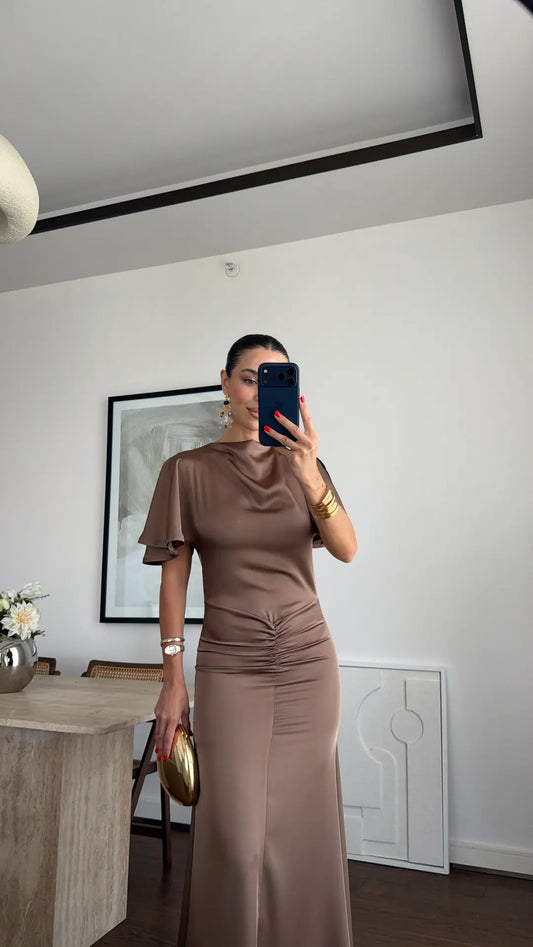 DRAPED LONG SATIN DRESS
